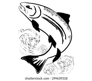 Salmon jump to the sea (japanese style) feeling like freedom.This pic can be logo, card, wallpaper, tattoo, and brochure for explain or promotion about salmon.