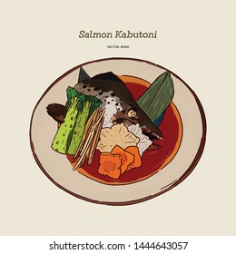 Salmon Kabutoni Steamed. Japanese food style Salmon head boiled in soy sauce with vegetables and tofu.hand draw vector