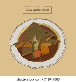 Salmon Kabutoni Steamed. Japanese food style Salmon head boiled in soy sauce with vegetables and tofu.hand draw vector.