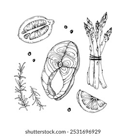 Salmão, limão, aspargos e pimenta conjunto de esboços preto e branco desenhado à mão com tinta. Elementos para cozinhar alimentos saudáveis com peixes. Objetos para o desenho da receita, etiqueta, menu do restaurante.