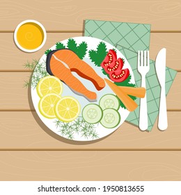 Salmon with lemon, vegetables and herbs on a white plate. Fork and knife on a napkin, sauce in a small saucer. Healthy food. Wooden table background. Vector illustration