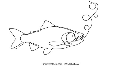 Salmon line fish continuous vector art icon tuna drawing trout seafood. Line fish salmon hand one simple outline illustration water type food hook linear sea fin pond day sketch silhouette logo ocean.