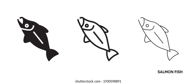 Salmon line icon set. Such icons include thin, thick and silhouette salmon icon set. Editable line. Fish icon. Fish logo template. Creative vector symbol of fishing club or online web shop.