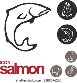 salmon lineart icon with beef, rabbit, and duck in circle