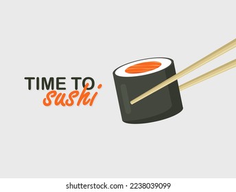 Salmon maki roll. Chopsticks holds japanese fish dish. Traditional Asian sea food. Time to sushi. Restaurant poster. Vector illustration isolated.