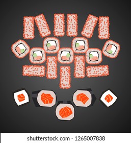 Salmon maki set - low polygonal cartoon style minimal slice of crab, salmon in nori seaweed, caviar. Can be used as design menu restaurant delivery, flyer, web background
