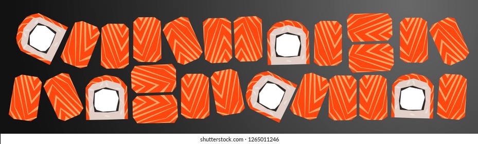 Salmon maki set - low polygonal cartoon style minimal slice of salmon with rice and philadelphia cheese in nori seaweed. Can be used as design menu restaurant delivery, flyer, web background