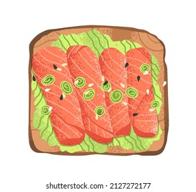 Salmon and mashed avocado toast. Healthy sandwich with red fish pieces, capers, sesame seeds on bread slice, top view. Snack food for breakfast. Flat vector illustration isolated on white background