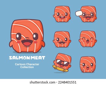 salmon meat cartoon. food vector illustration with different expressions