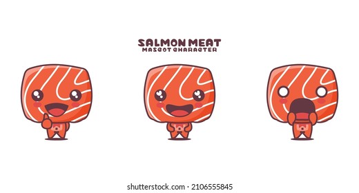 salmon meat cartoon mascot illustration, with different expressions, isolated on a white background.