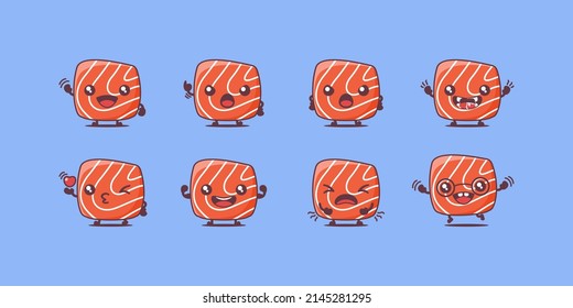 salmon meat cartoon. Sashimi japanese food vector illustration. with different faces and expressions. cute cartoon