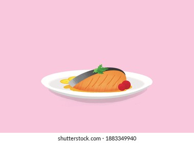 Cubos de carne de salmón de estilo plano en el plato de fondo rosa.