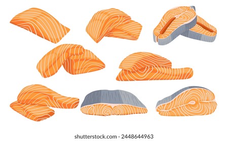 Salmon meat illustration vector bundle. Red fish salmon for sushi food menu vector illustration. Set of sliced pieces of salmon