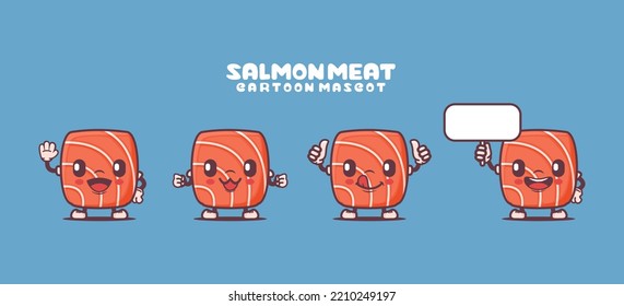 salmon meat or japanese sashimi cartoon mascot. food vector illustration. with different expressions.