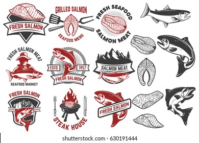 Salmon meat labels and badges. Seafood grill. Fish steak. Design elements for label, emblem, sign. Vector illustration