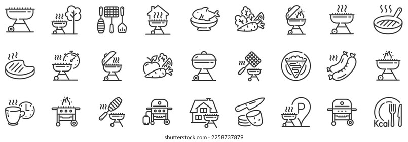 Salmon meat steak, Bbq smoker and Fire cooking set. Grill line icons. Gas-fueled grill, hot pan and barbecue sausage icons. Grilled beef steak meat, roasted food and fish grilling basket. Vector