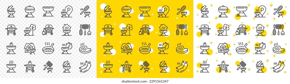 Salmon meat steak, Bbq smoker and Fire cooking set. Grill line icons. Gas-fueled grill, hot pan and barbecue sausage icons. Grilled beef steak meat, roasted food and fish grilling basket. Vector