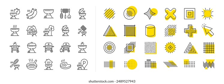 Salmon meat steak, Bbq smoker and Fire cooking set. Design shape elements. Grill line icons. Gas-fueled grill, hot pan and barbecue sausage icons. Vector