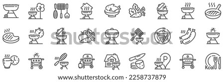 Salmon meat steak, Bbq smoker and Fire cooking set. Grill line icons. Gas-fueled grill, hot pan and barbecue sausage icons. Grilled beef steak meat, roasted food and fish grilling basket. Vector