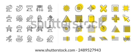 Salmon meat steak, Bbq smoker and Fire cooking set. Design shape elements. Grill line icons. Gas-fueled grill, hot pan and barbecue sausage icons. Vector