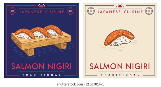 Salmon nigiri - Japanese food served on wooden plate