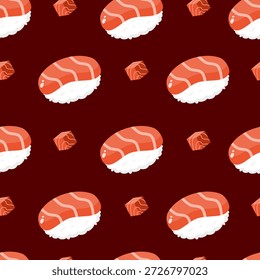 Patrón sin fisuras de nigiri de salmón sobre fondo rojo oscuro. Delicioso plato japonés. Puede ser utilizado para el Fondo de pantalla, el envoltorio de papel y el elemento del restaurante