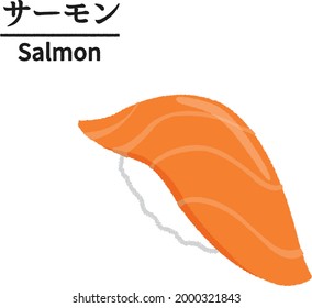 Salmon, Nigiri sushi on wooden tray, Delicious Japanese food, Fresh seafood, Text means "Salmon"