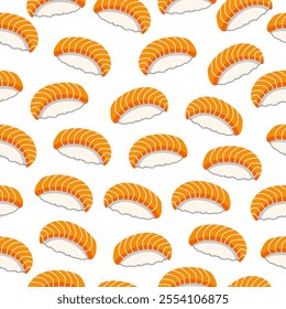 Salmon nigiri sushi seamless pattern, Japanese food motif hand drawn background