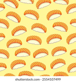 Salmon nigiri sushi seamless pattern background. Japanese food motif wallpaper