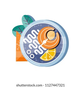 Salmon and noodles on a plate, traditional Japanese cuisine vector Illustration on a white background