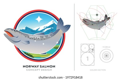 Salmon from norway in best river at mountain logo concept design. Banner of product fresh seafood.