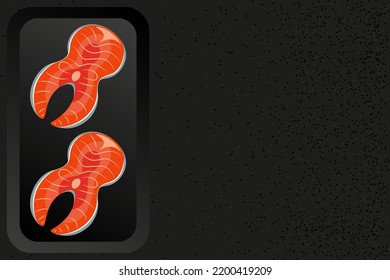 Salmon on black plate, seafood top view, abstract background with dots, vector illustration.