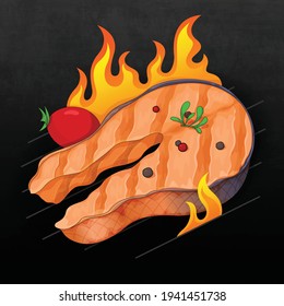 Salmon on fire, Grilled salmon seasoning recipe on black background illustration vector.