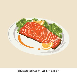 Salmon on a plate with salad lemon and sauce. trout dish for restaurant, menu , description. fresh fish cooked . Raw dinner salmon steak. protein salmon steak seafood symbol icon. Vector illustration