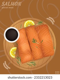 Salmon on a wooden tray and black sauce