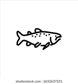 Icono de contorno de salmón. Ilustración de línea negra de vista lateral de salmón.