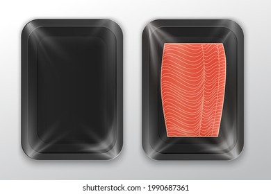 Salmon packaging illustration. White foam tray with plastic film mockup. Modern style fish label