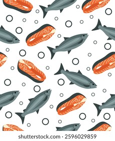 Salmon pattern on a white background.