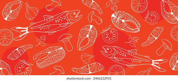 Vector de fondo de textura de patrón de salmón. Carne de salmón abstracta de fondo naranja con salmón, limón, tomate, setas. Ilustración de diseño para el restaurante japonés, sitio web, banner, embalaje.