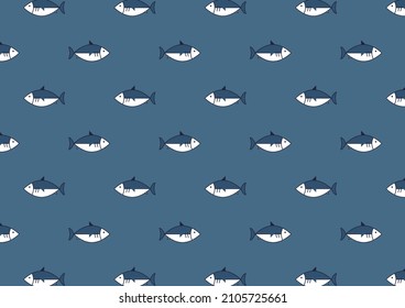 Salmon pattern wallpaper. Salmon fish on blue background.