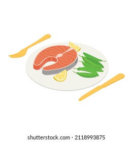 Salmon with peas, dinner, lunch - Isometric vector illustration in flat design. 