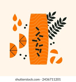 Salmon piece with black peppercorn, lemon and rosemary. Salmon fillet for baking, grill, barbecue, cooking. Red fish fillet. Abstract flat vector illustration, geometric, modern style. Healthy seafood