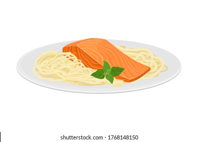 Salmon Piece with Spaghetti Served on Plate Vector Illustration