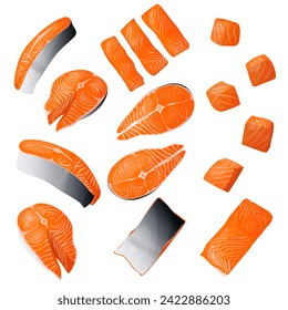 Salmon. Pieces of red fish, salmon steak and fillet, salmon cut into cubes. Salmon slices. Vector illustration. Set