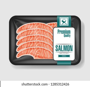 Salmon in plastic tray container with cellophane cover. Mockup template for your design. Plastic food container. Vector illustration.