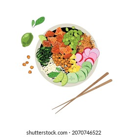 Salmon poke bowl and rice  wakame   cucumber  radishes  carrots  chickpeas   other vegetables   beans  top view  Vecton illustration Hawaiian poke bowl drawn in cartoon style  Modern food
