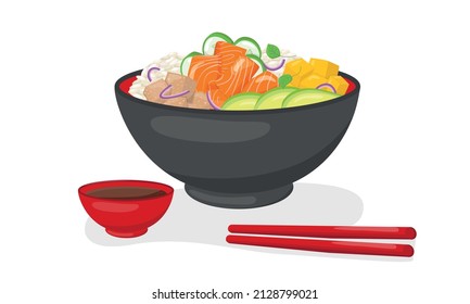 Salmon poke bowl with soya sauce, chopsticks illustration Hawaiian cuisine. Vector stock illustration isolated on white background for menu fast food restaurant with healthy, bio, organic meals. EPS10