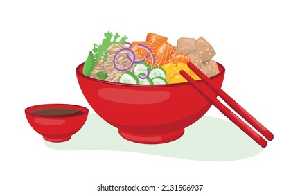 Salmon poke bowl with soya sauce, chopsticks illustration Hawaiian cuisine. Vector stock illustration isolated on white background for menu fast food restaurant with healthy, bio, organic meals. EPS10