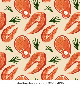 Salmon and pork steaks on beige backdrop. Grill time seamless pattern for wallpaper, wrap paper, sleeper, bath tile, apparel or bed linen. Bag or hoody print. Flat style stock vector illustration