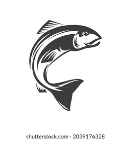 Salmon ray-finned fish isolated fishery mascot monochrome icon. Vector trout fish grayling whitefish char fishing sport trophy. Underwater animal, salmon freshwater fish, seafood, marine food